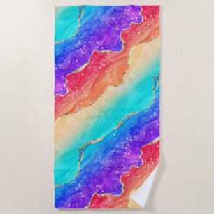 Bright Rainbow & Gold Faux Glitter Agate Beach Towel