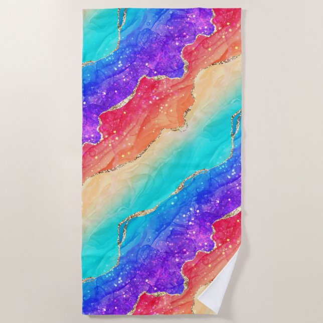 Bright Rainbow & Gold Faux Glitter Agate Beach Towel (Front)