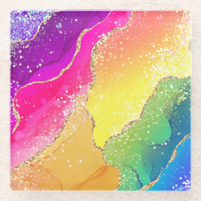 Bright Rainbow & Gold Faux Glitter Agate Glass Coaster (Front)