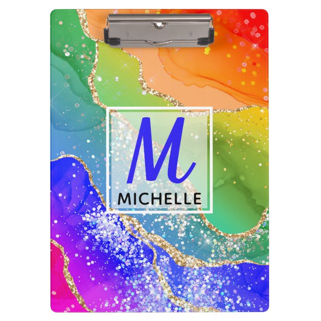 Bright Rainbow & Gold Faux Glitter Agate Monogram Clipboard (Front)