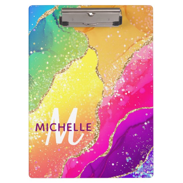 Bright Rainbow & Gold Faux Glitter Agate Monogram Clipboard (Front)