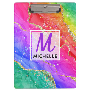 Bright Rainbow & Gold Faux Glitter Agate Monogram Clipboard
