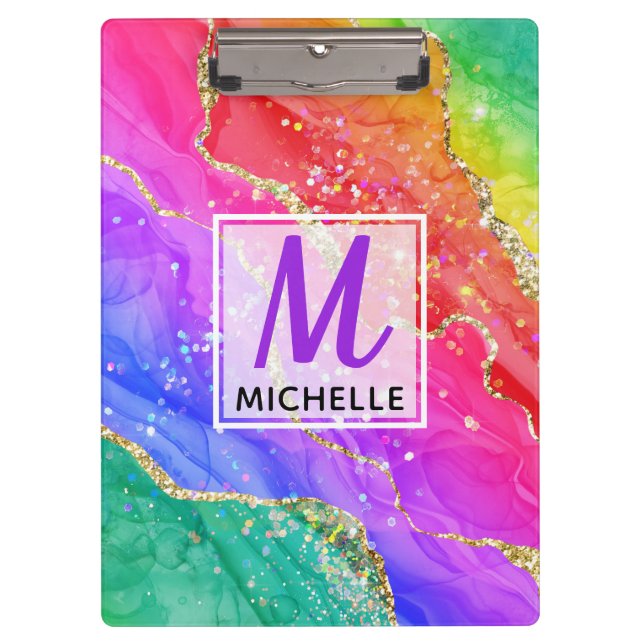 Bright Rainbow & Gold Faux Glitter Agate Monogram Clipboard (Front)