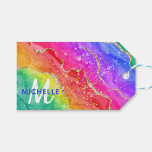Bright Rainbow & Gold Faux Glitter Agate Monogram Gift Tags