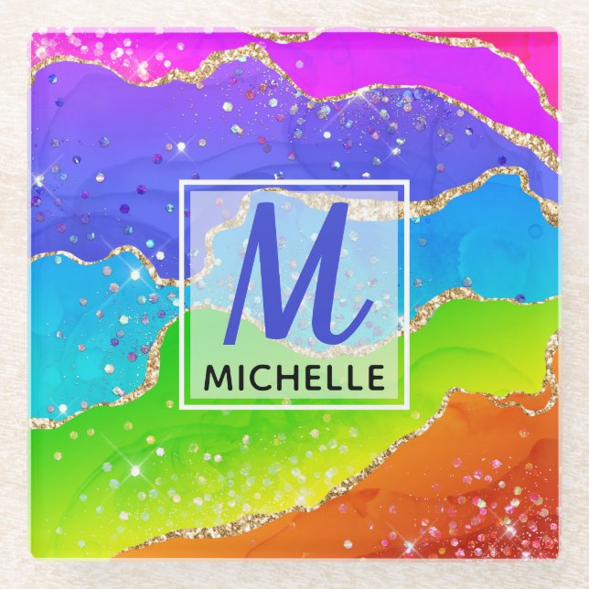 Bright Rainbow & Gold Faux Glitter Agate Monogram Glass Coaster (Front)