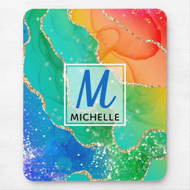 Bright Rainbow & Gold Faux Glitter Agate Monogram Mouse Pad (Front)