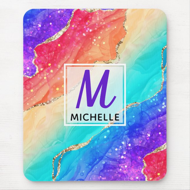 Bright Rainbow & Gold Faux Glitter Agate Monogram  Mouse Pad (Front)