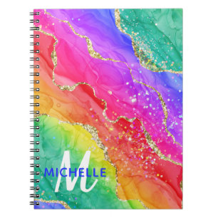 Bright Rainbow & Gold Faux Glitter Agate Monogram Notebook