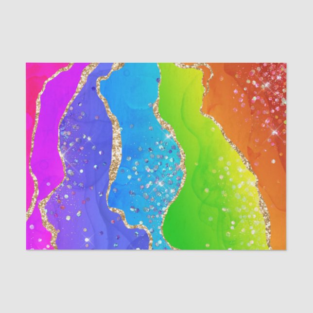 Bright Rainbow & Gold Faux Glitter Agate Tissue Paper (Front)