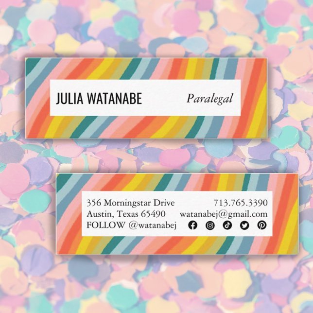Bright Rainbow Handmade Stripes w Social Icons Mini Business Card (Creator Uploaded)