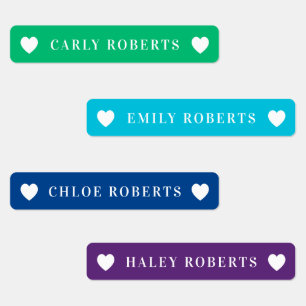 Bright Rainbow Heart Kids Name Waterproof Labels