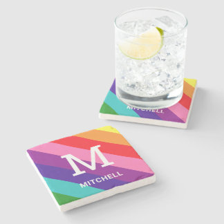 Bright Rainbow Monogram Family Name Pride Stone Coaster