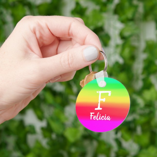 Bright Rainbow Ombre Colour Gradient Monogram Name Key Ring (Hand)