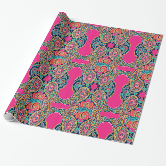 Bright Rainbow Pink Paisley Wrapping Paper (Unrolled)