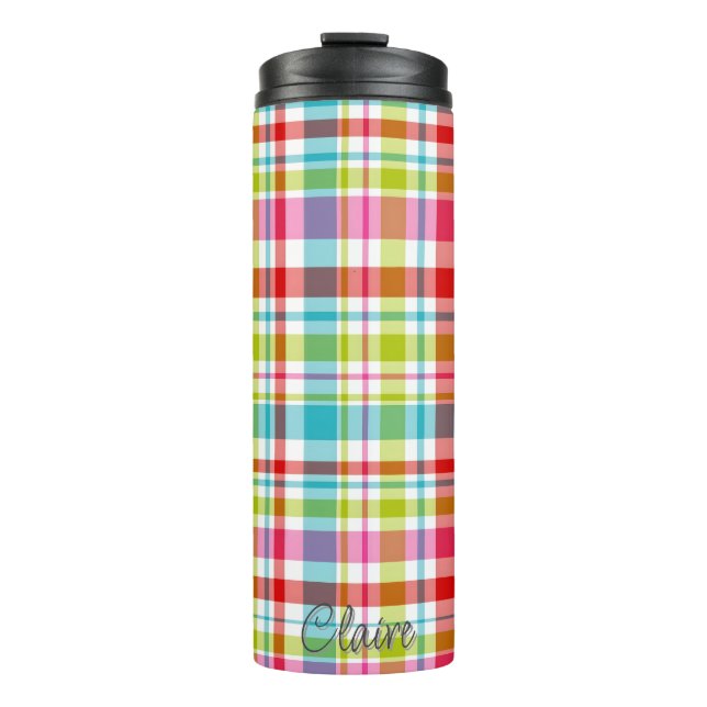 Bright Rainbow Plaid Checkered Pattern Custom Name Thermal Tumbler (Front)