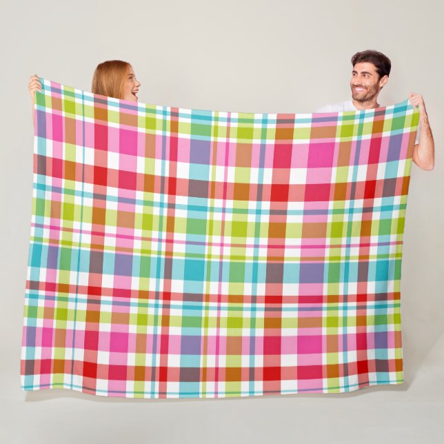 Bright Rainbow Plaid Checkered Pattern Fleece Blanket (In Situ)