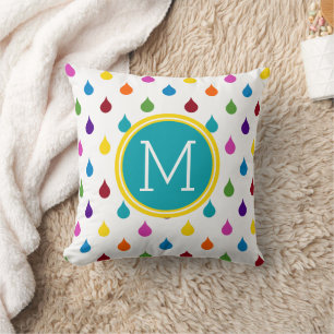 Bright Rainbow Raindrops Monogram Cushion