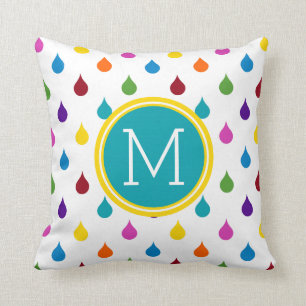 Bright Rainbow Raindrops Monogram Cushion
