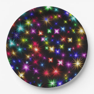Bright Rainbow Sparkles, Stars & Fireworks Paper Plate