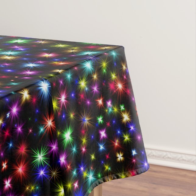 Bright Rainbow Sparkles, Stars & Fireworks Tablecloth (In Situ)