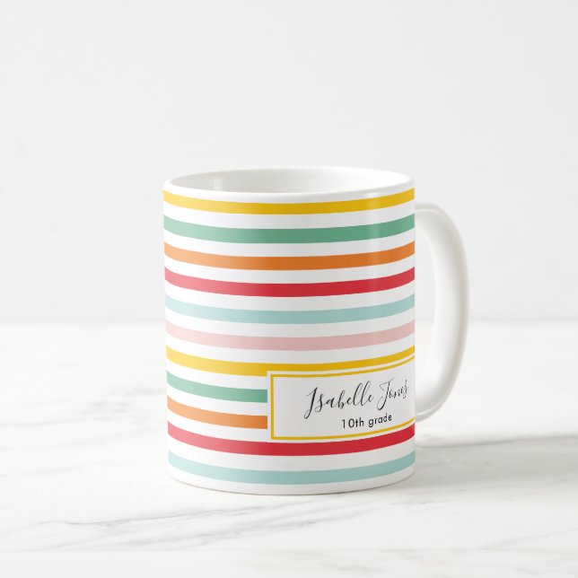 bright rainbow stripe school college  coffee  mug (Front Right)
