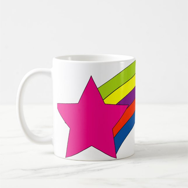 Bright Rainbow Stripes & Pink Star Colourful Moder Coffee Mug (Left)