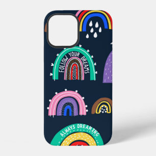 Bright rainbows on a dark background. Cute illustr iPhone 12 Case