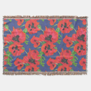 Bright Red and Black Oriental Poppies Pattern Throw Blanket