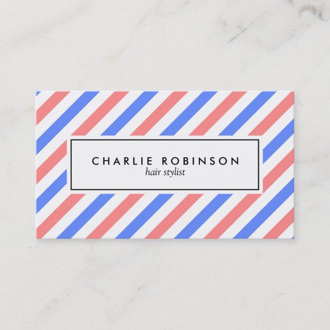 Bright red and blue barber stripe business card (Front)