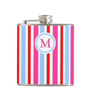 Bright Red and Blue Candy Stripes Monogram Hip Flask