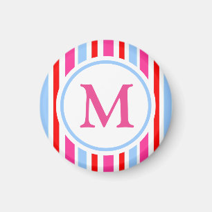 Bright Red and Blue Candy Stripes Monogram Magnet