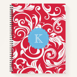 Bright Red and Blue Floral Scroll Monogram Notebook
