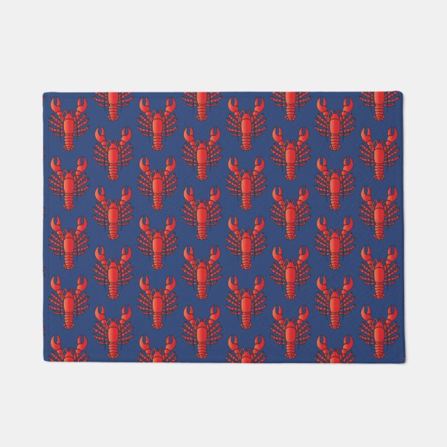 Bright Red and Blue Lobster Pattern Coastal Ocean Doormat (Front)