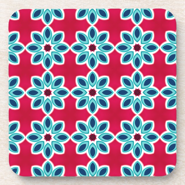 Bright Red and Blue Modern Geometric Pattern Coaster (Front)