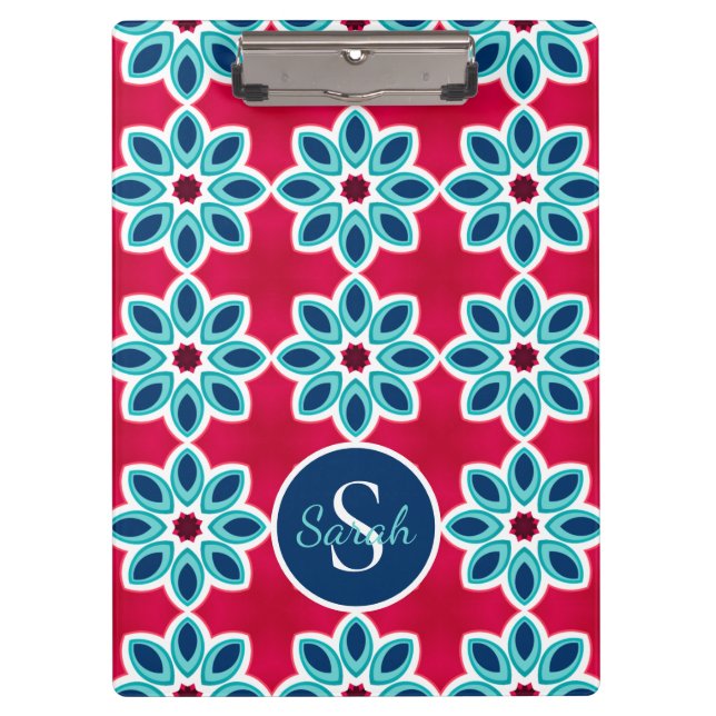 Bright Red and Blue Modern Geometric Personalised Clipboard (Front)