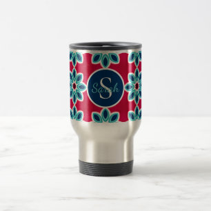 Bright Red and Blue Modern Geometric Personalised Travel Mug