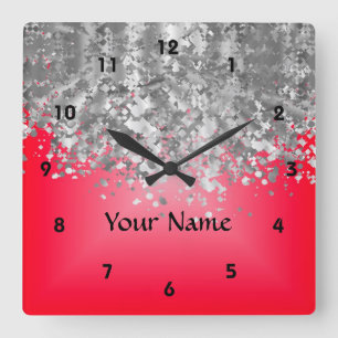 Bright red and faux glitter square wall clock