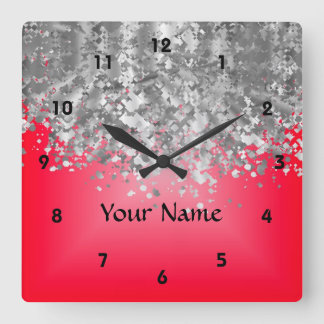 Bright red and faux glitter square wall clock