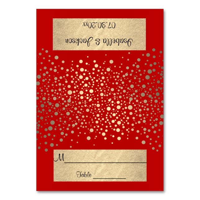 Bright Red and Gold Confetti Dots - Wedding Table Number (Front)