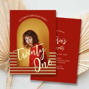 Bright Red and Gold Photo 21st Birthday Party  Invitation