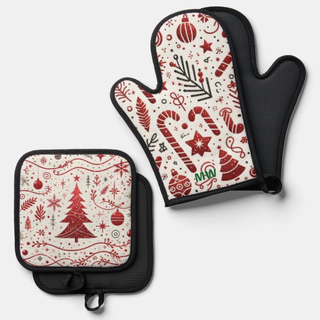 Bright Red and Green Christmas Pattern Oven Mitt & Pot Holder Set (Front/Back)