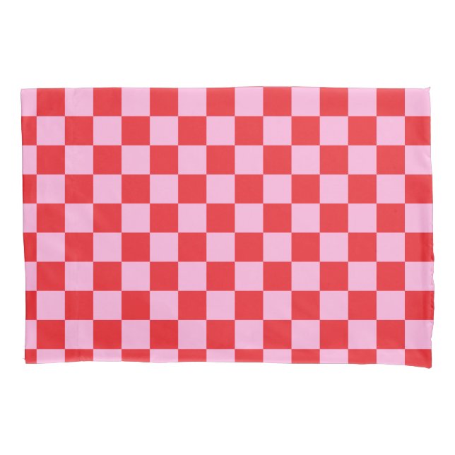 Bright Red and Light Pink Checkered Pillowcase (Front)