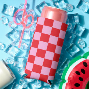 Bright Red and Light Pink Checkered Seltzer Can Cooler