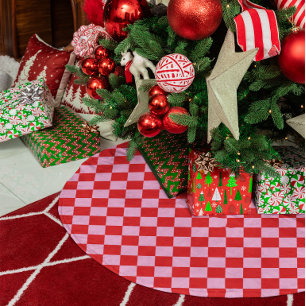 Bright Red and Light Pink Chequered Brushed Polyester Tree Skirt