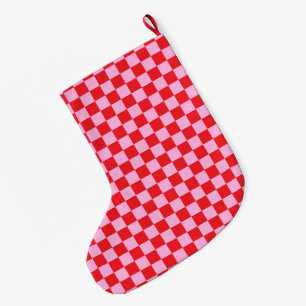Bright Red and Light Pink Chequered Large Christmas Stocking