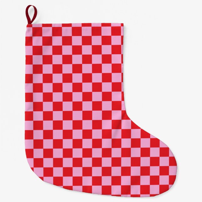 Bright Red and Light Pink Chequered Large Christmas Stocking (Front)