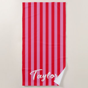 Bright Red and Pink Cabana Stripe Bold Name Beach Towel