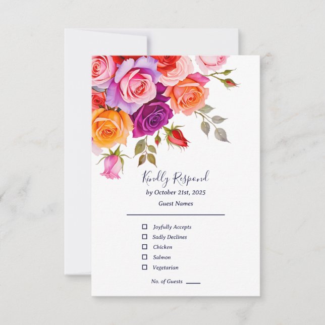 Bright Red and pink purple roses floral wedding RSVP Card (Front)