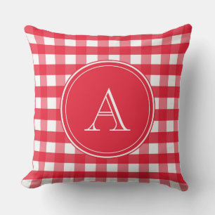 Bright Red and White Gingham Monogram Cushion
