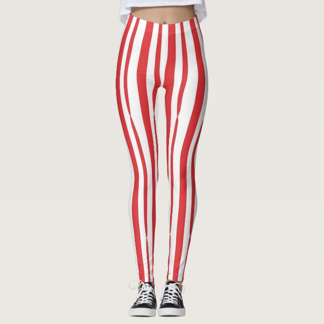 Bright Red and White vertical Stripe Leggings (Front)